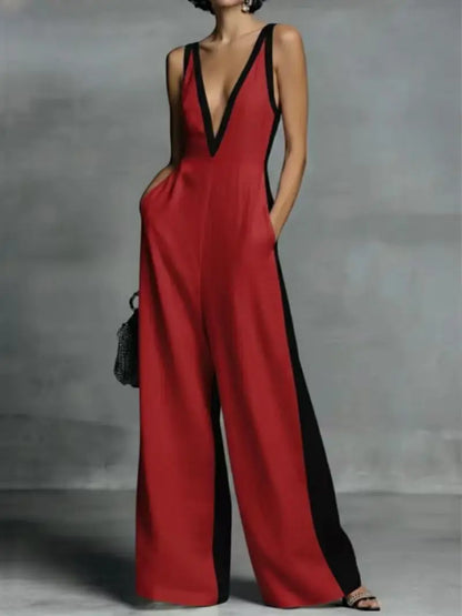 Women's Color Block V Neck Jumpsuit, Sleeveless Wide Leg Romper With Pockets for Party Work Date