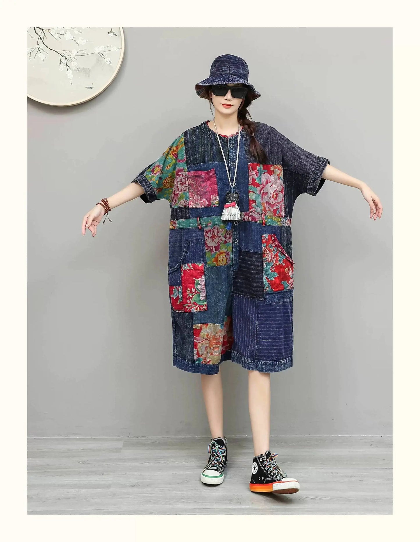 Unique Design Vintage-style Patchwork Large Floral Print Jumpsuit Women Summer Loose Casual Romper LX6155