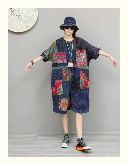 Unique Design Vintage-style Patchwork Large Floral Print Jumpsuit Women Summer Loose Casual Romper LX6155