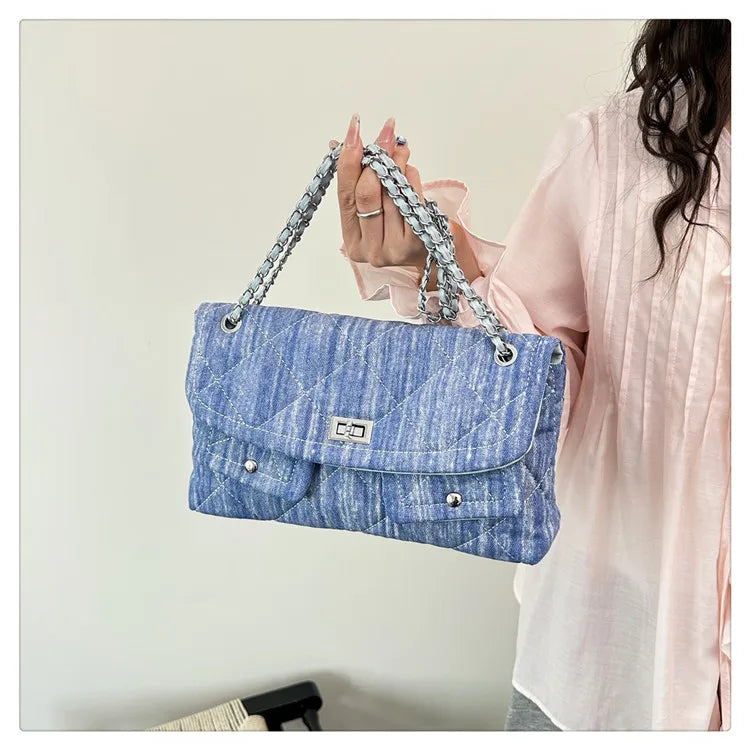 Korean Brand Shoulder Bag 2026 New Denim Side Bags for Women Ladies Crossbody Solid Fashion Chain Designer Daily Commuter City