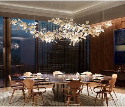 Ginkgo Leaves Loft Hanging Chandelier Light For High Ceiling Staircase Living Dining Room Modern White Porcelain Leaf Chandelier