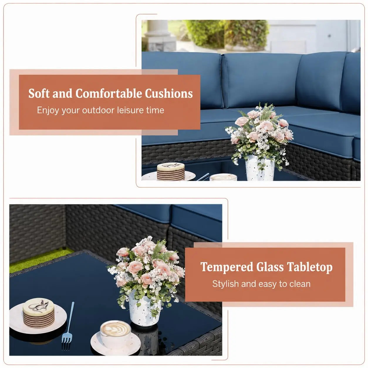 5-Piece Patio Furniture Set, Outdoor Wicker Sectional Sofa with 4-Inch Thick Cushions & Coffee Table, All-Weather PE, Custom
