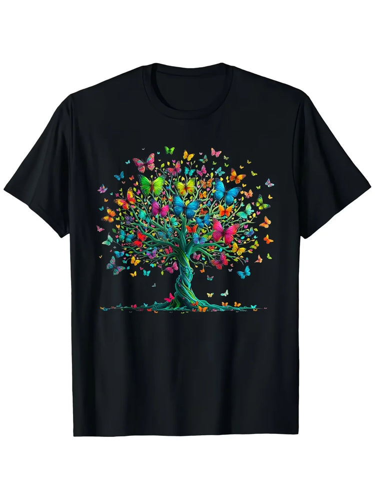 Lady CLothes Crew Neck Short Sleeve Watercolor StyleColorful Butterfly Tree Print T Shirt Women's Outfits Casual Daily Wear