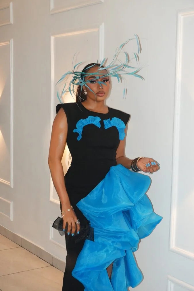 Black Blue Prom Dress Long Layered Organza Evening Gowns Straight Elegance Draped Party Dress Side Split