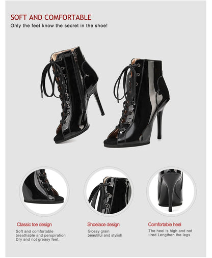 Women Sexy Thin High Heel Dance Shoes Party Ballroom Pole Jazz Lace Up Platform Dancing Boots Short Tube Heels 8.5/9.5CM Booties