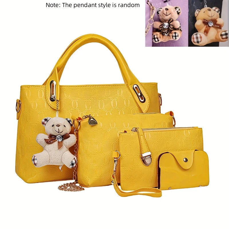 4 Pcs Women Handbag Set Embossed Pattern PU Leather Tote Bags Fashion Chain Shoulder Crossbody Bag Ladies Wallet Card Holder Purse With Bear Pendant Daily Shopping Handbags