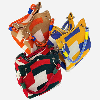Women's Color Block Knit Tote Bag Bucket Bag Storage Bag with Adjustable Straps & Metal Rings Snap Closure for Casual Travel