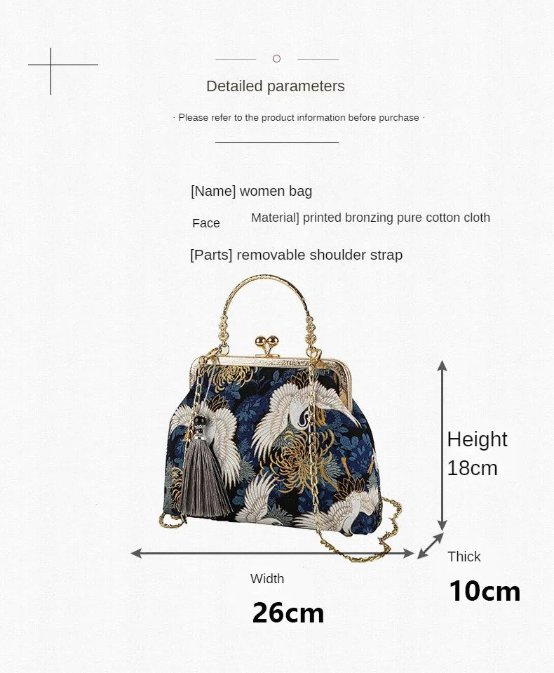 Fashion Vintage Fringe Bag Small Shell Bags Chain Women Shoulder Crossbody Bag Crane Flying Women's Handbags Purses Embroidery