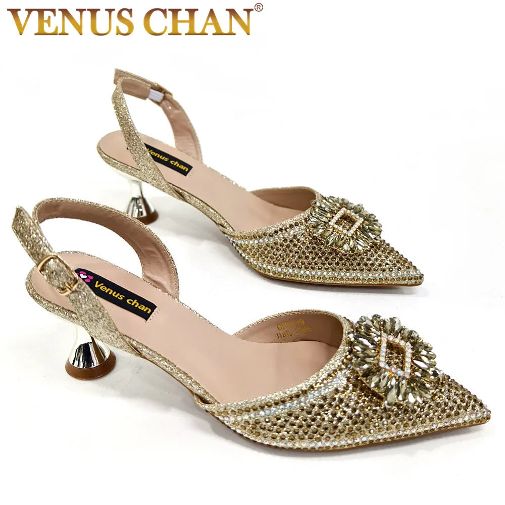 Latest Elegant Wedding Italian Diamond Design Shoes Women's African Party Shoes Crystal Shoes High School High Heels