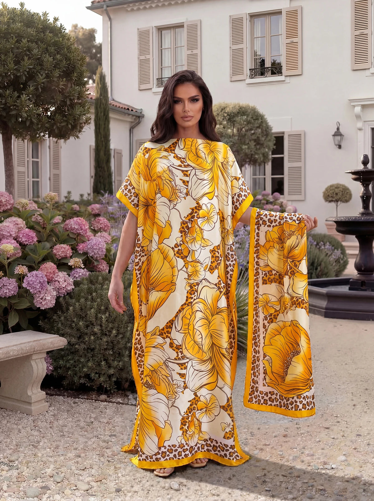 Tropical Floral Leopard Print Satin Abaya Scarf Set, Loose Batwing Maxi Kaftan For Muslim Women Summer Beach Vacation Wear