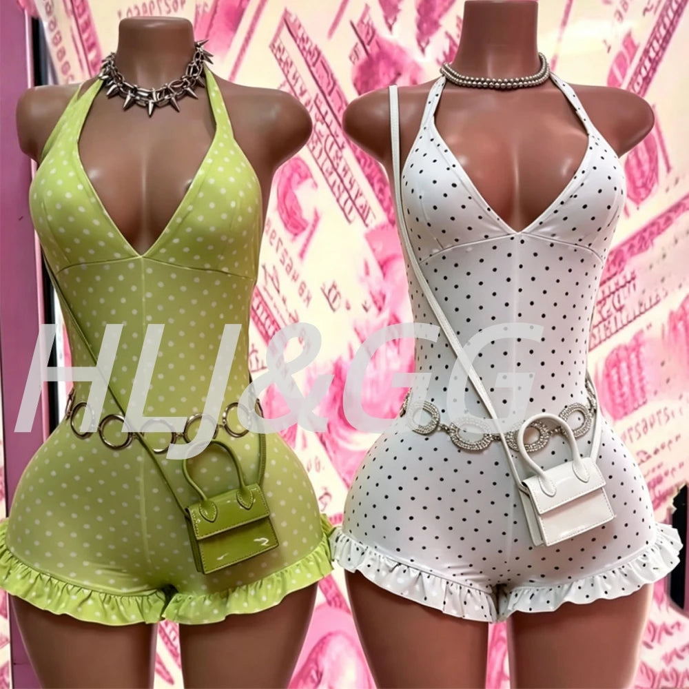 HLJ&GG Sexy Hot Girl Polka Dot Print Ruffle Bodycon One Piece Rompers Women Halter Backless Lace Up Playsuits Fashion Overalls