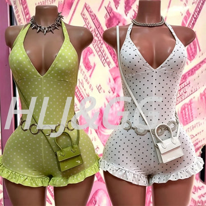 HLJ&GG Sexy Hot Girl Polka Dot Print Ruffle Bodycon One Piece Rompers Women Halter Backless Lace Up Playsuits Fashion Overalls