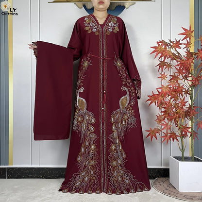 New Style Fashion Dubai Muslim Women Dress Elegant Arabic Femme Hijab Long Sleeve Chiffon Diamond Abaya Islamic Turkey Clothing