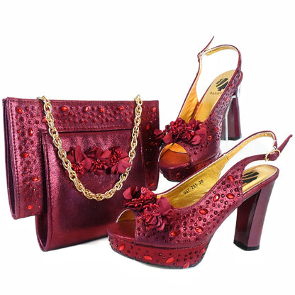 Doershow New Arrival African Wedding Shoes and Bag Set gold Color Italian Shoes with Matching Bags Nigerian lady party  HJK1-14