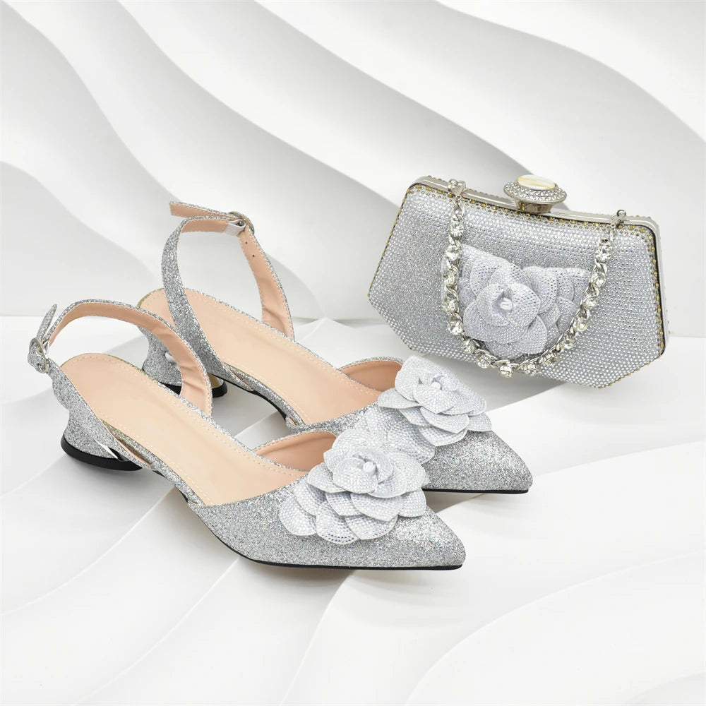 New Arrival Nigerian Women Heel Party Ladies Italian Design Shoes and Bag Set with Rhinestone Wedding Party Luxury Shoes Women