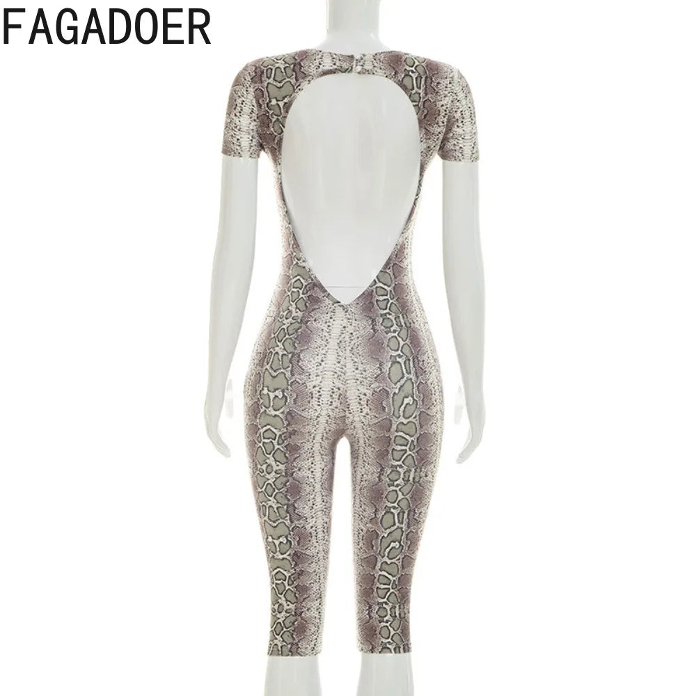 FAGADOER Sexy Snake Print Bodycon Romper Hot Girl O Neck Button Backless Hollow Out  Skinny Jumpsuits Streetwear Club Playsuits