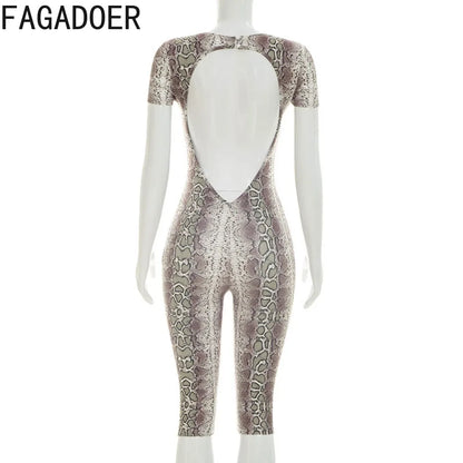 FAGADOER Sexy Snake Print Bodycon Romper Hot Girl O Neck Button Backless Hollow Out  Skinny Jumpsuits Streetwear Club Playsuits