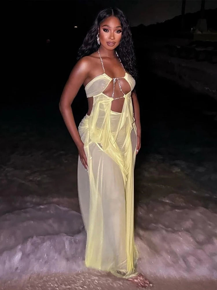Nibber Prom Party Gown Dress Woman Sexy See Through Luxury Chain Halter Low-Neck Backless Sleeveless Midnight Elegant Vestidos