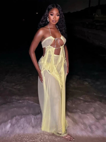 Nibber Prom Party Gown Dress Woman Sexy See Through Luxury Chain Halter Low-Neck Backless Sleeveless Midnight Elegant Vestidos