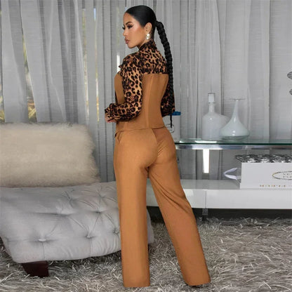 Doyerl Leopard Patchwork Shirt Style Jumpsuits Woman Elegant Vintage Long Sleeve High Waist One Piece Rompers Women Jumpsuit