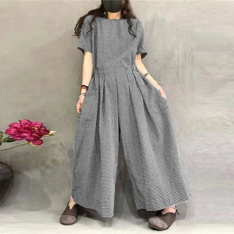 ZANZEA Short Sleeve Checked Wide Leg Overalls Pleated Waist O Neck Loose Casual Gingham Jumpsuits 2024 Fashion Women Long Romper