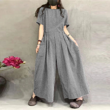 ZANZEA Short Sleeve Checked Wide Leg Overalls Pleated Waist O Neck Loose Casual Gingham Jumpsuits 2024 Fashion Women Long Romper