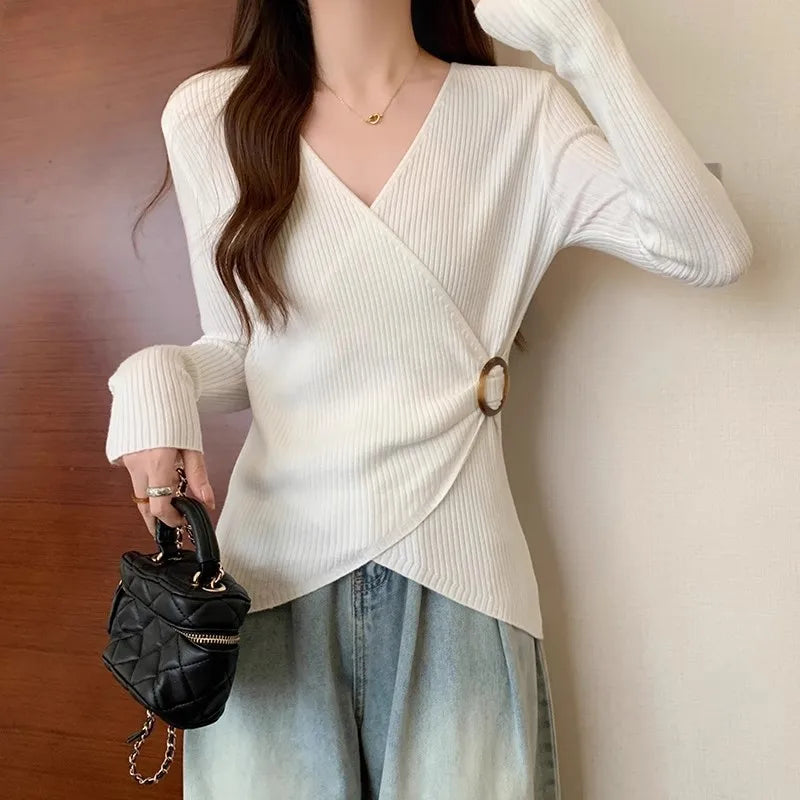 Women Wrap V Neck Ribbed Knit Top Metal Ring Buckle Flare Long Sleeve Slim Sweater