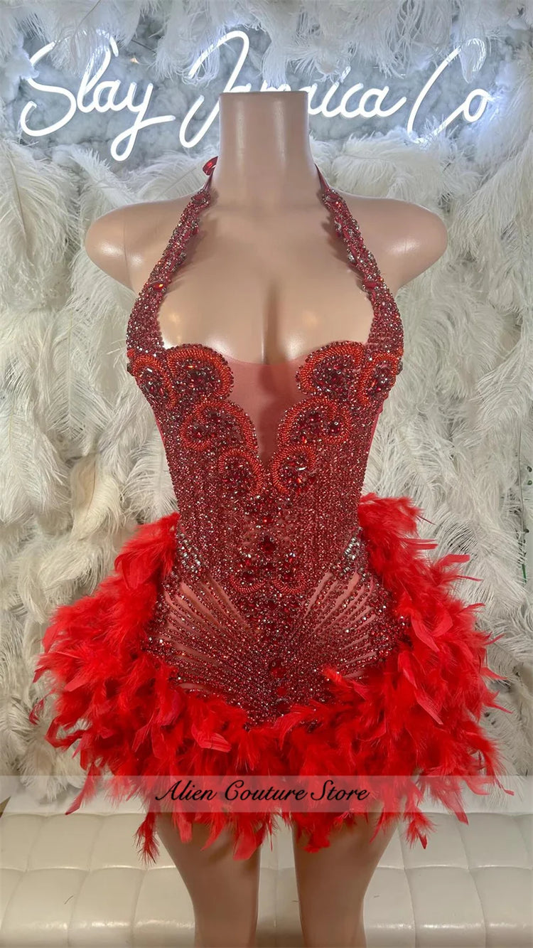 Glitter Pink Crystal Short Prom Dress For Black Girl Homecoming Senior Cocktail Dress Birthday Party Gown Feathers Customized
