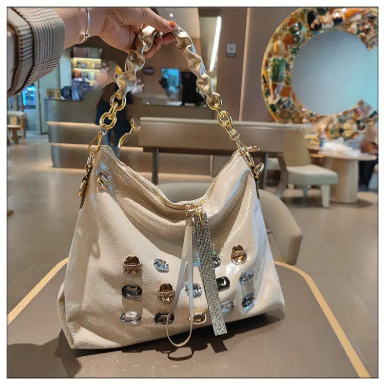 2026 New Fashion Diamonds Women Handbags Genuine Leather Tote Bag Large Capacity Work Commute Leisure Versatile Shoulder Bags