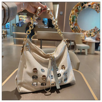 2026 New Fashion Diamonds Women Handbags Genuine Leather Tote Bag Large Capacity Work Commute Leisure Versatile Shoulder Bags