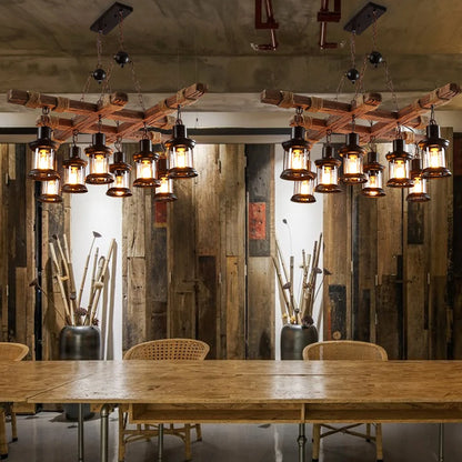 8 Lights Retro Wood Pendant Lights 8 Head Vintage Industrial Loft Glass Iron LED Chandelier Suspension Lamp Wooden Droplight