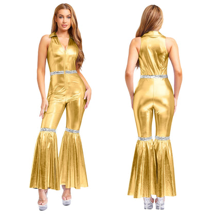 Women Vintage One Piece 70s Disco Dance Rompers Sleeveless Metallic Bell Bottom Flared Pants Jumpsuit for Retro Party Jazz Dance