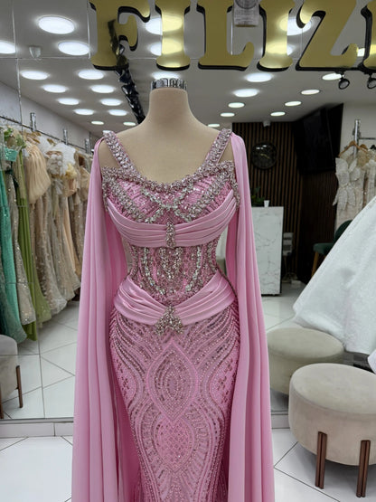 2026 Luxury Pink Mermaid Evening Gown with Chiffon Cape Heavy Rhinestone Beaded Floor Length Formal Gala Woman Wedding Dress