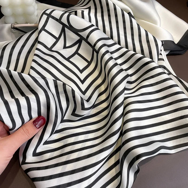 Fashion 90×90CM Geometric Stripe Printed Square Silk Scarf Bandana Women's Neckerchief Hijab Daily Wear Fall Decoration Shawl