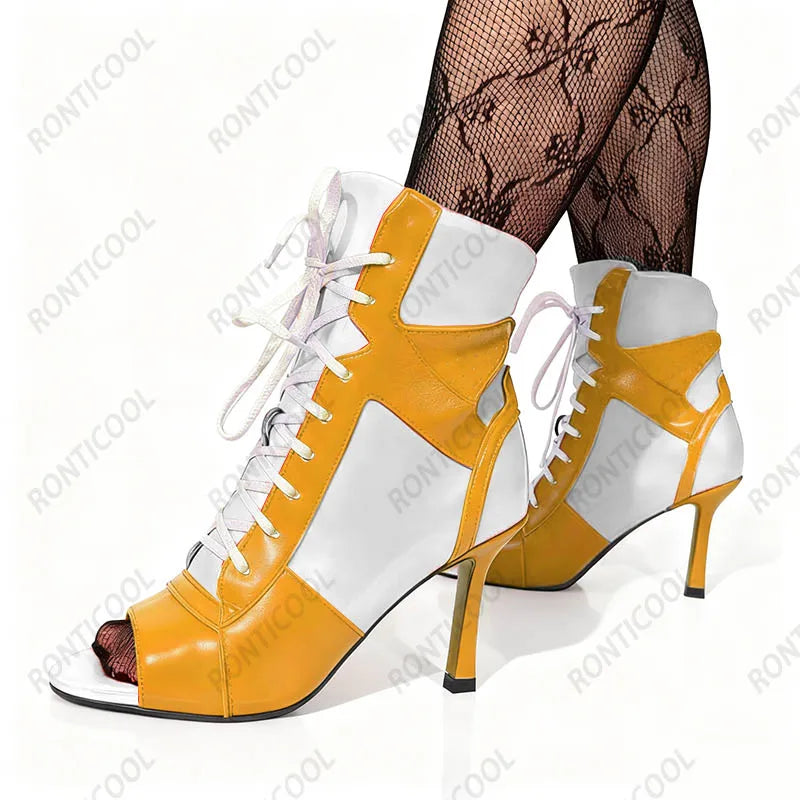 Ronticool Handmade Peep Toe Ankle Boots - Black and White Leather High Heel Shoes with Lace Up Design Size 36-43