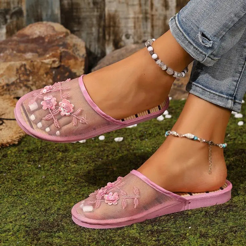 Mesh Breathable Embroider Sequin Flower Mules Shoes Summer Closed Toe Soft Bottom Sandals Female Chinese Style Bamboo Sandals