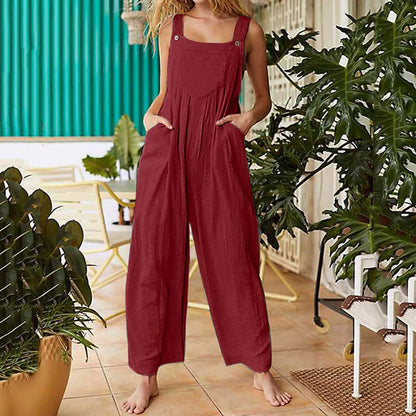 Women Summer Boho Jumpsuit Overalls Solid Ethnic Style Square Neck Sleeveless Casual Jumpsuit Pockets Loose Pants Jumpsuits 2024
