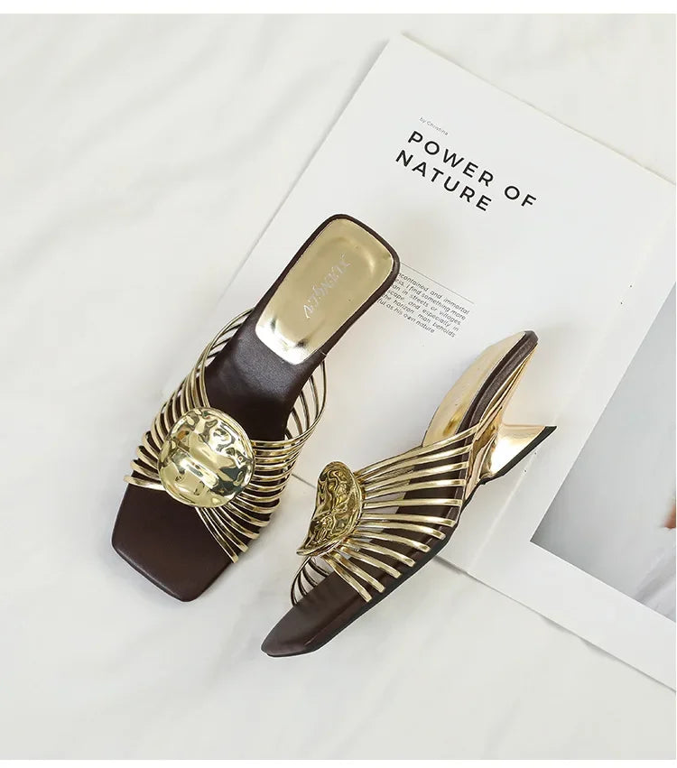 Luxury Designer Square Toe Slippers Heeled Sandals for Woman Shoes 2026 New Elegant Pumps Flip Flops Dress Summer Mujer Zapatos