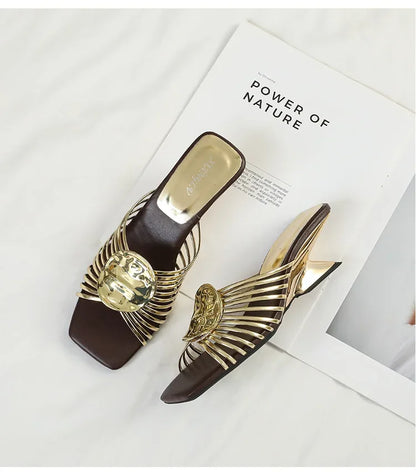 Luxury Designer Square Toe Slippers Heeled Sandals for Woman Shoes 2026 New Elegant Pumps Flip Flops Dress Summer Mujer Zapatos