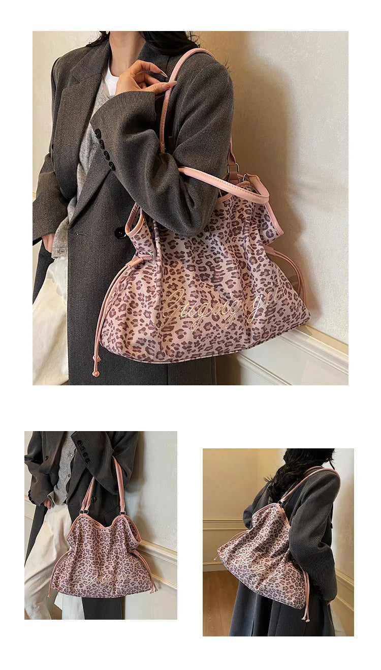 Brand Women's Shoulder Bag Y2k Fashion Sweet Polka Dot Handbag Korean Casual Versatile Leopard Print Brown Frosted Tote Bags