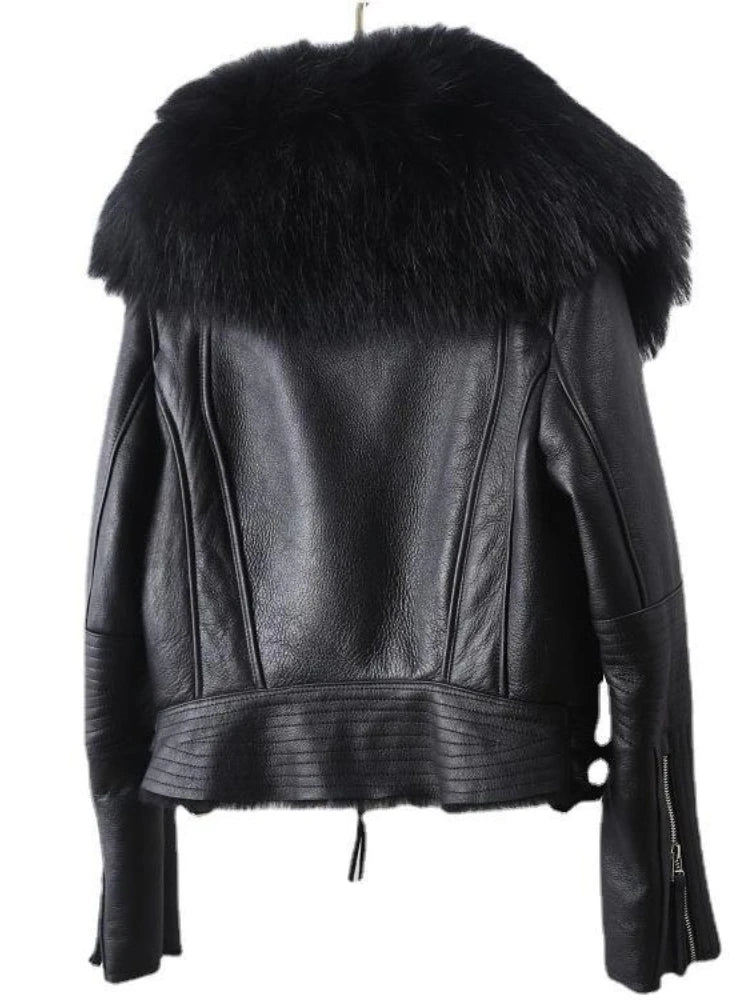 OFTBUY Hot Sales Sheepskin Fur Coat Fashion New Winter Real Leather Jacket Raccoon Fur Collar Women Clothing Integrated Fur Coat
