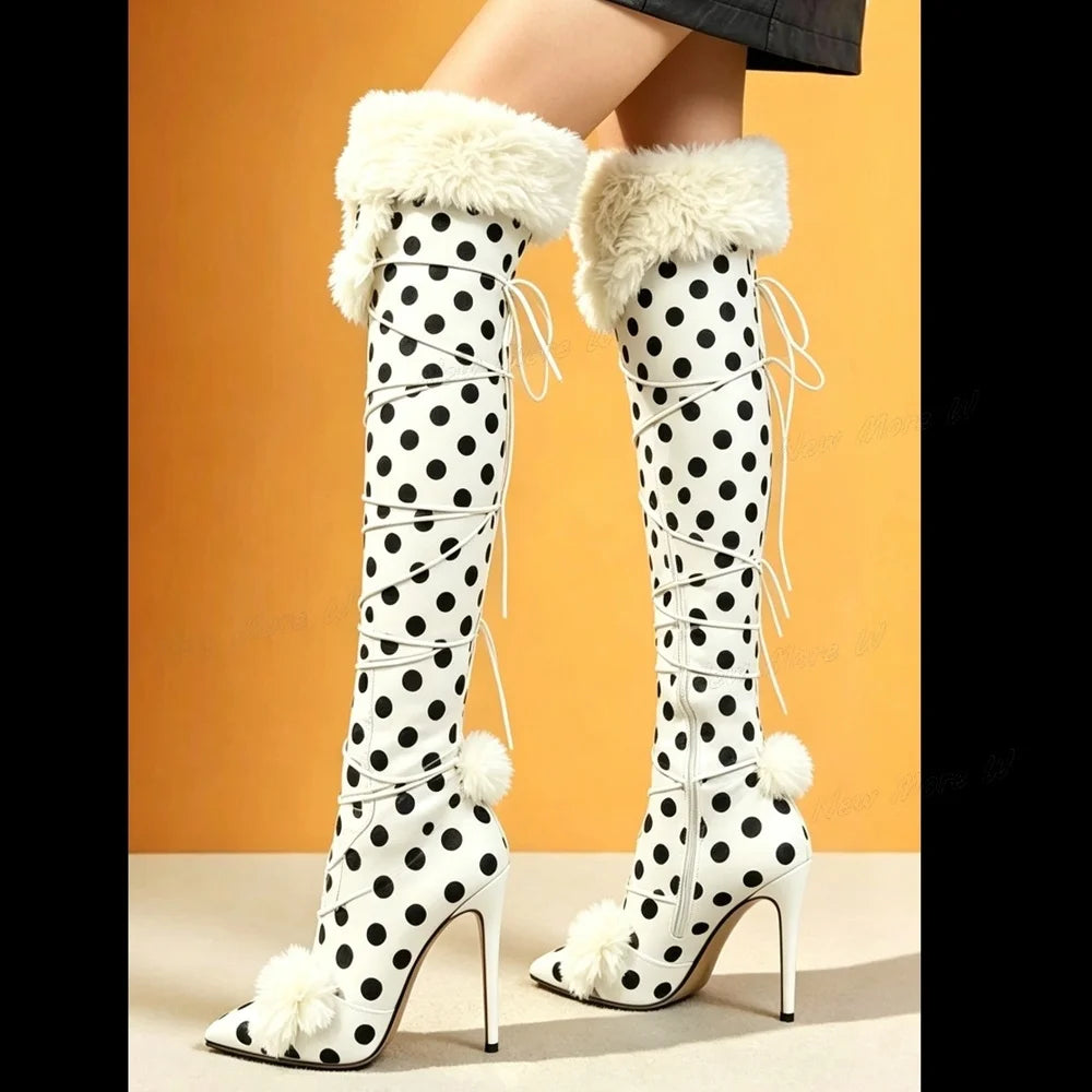 White Polka Dots Fur Boots Women Shoes Over the Knee Thin Heel  Style Stilettos Dress Women Fashion Shoes Zapatos Para Mujere