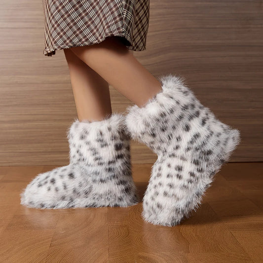 Leopard Winter Ankle Boots Female Fluffy Casual Plarform Women's Shoes Plush Luxury Design Indoor Outdoor Fuzzy Fur Snow Booties
