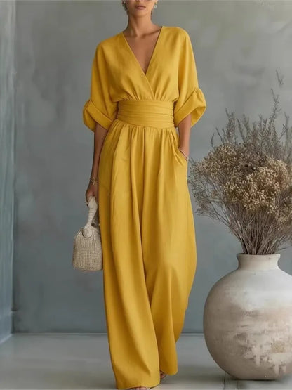 Summer Sexy Deep V-neck Short Sleeve Jumpsuits Elegant Women Solid High Waist Rompers Casual Sleeveless Wide Leg Pants Jumpsuit