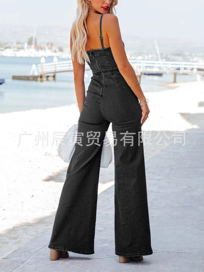 Women Jumpsuits One Piece Denim Washing Rompers Overalls Solid Flare Pants Pockets Spliced Sexy High Waist Boot Cut 2024