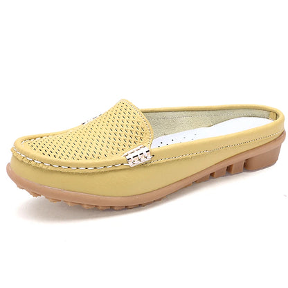 Women Casual Shoes Hollow Out Lady Half Lofers Genuine Leather Flats Moccasins Women Luxury Brand Half Slippers Zapatillas Mujer