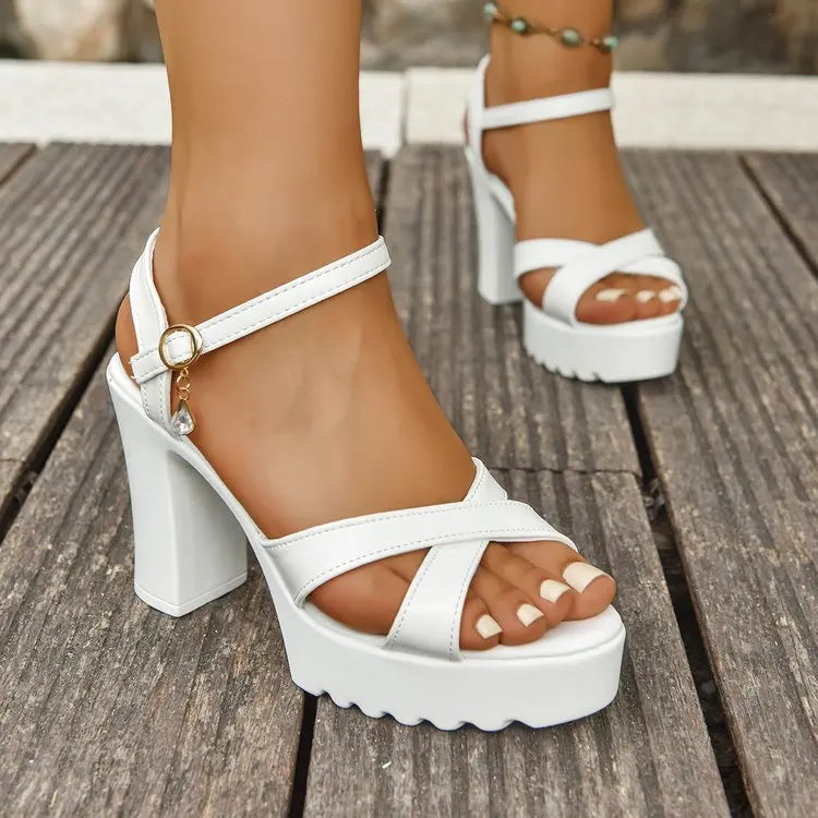 Summer Luxury Diamond Buckle Strap Women's Pumps Square Heel Solid Pumps Shoes Women Fashion Pu Platform High Heels Female