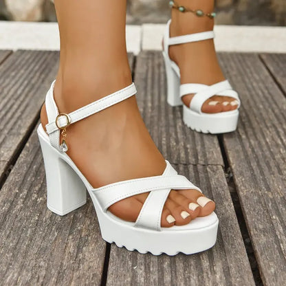 Summer Luxury Diamond Buckle Strap Women's Pumps Square Heel Solid Pumps Shoes Women Fashion Pu Platform High Heels Female