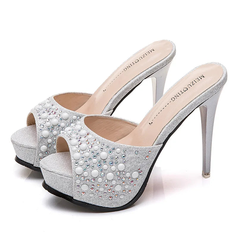 Women Crystal Slippers 2024 New Fashion Platform 12CM Thin High Heels Designer Slides Sandals Luxury Rhinestones Summer Shoes