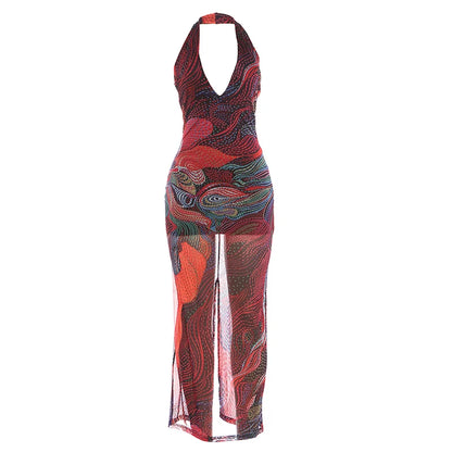 Weird Puss Diamond Print Dress Women Backless Split Colorful Halter Sexy Deep V-Neck Elegant Birthday Party Stretch Vestidos